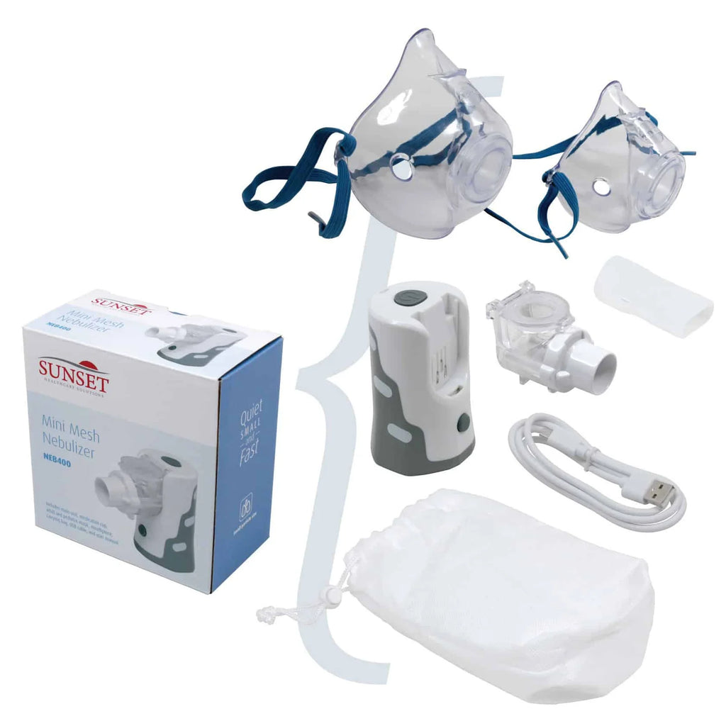 Sunset NEB400 box contents: device, medication cup, mouthpiece, adult and pediatric masks, USB cord, and carry bag