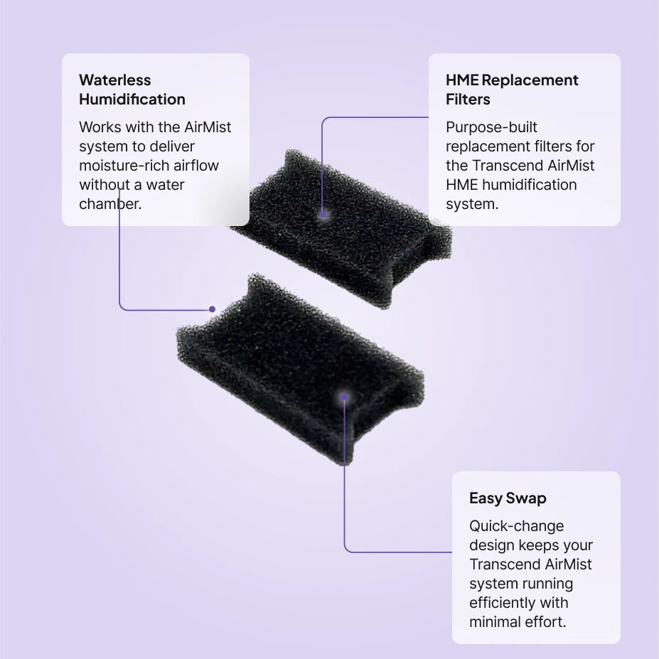Transcend AirMist filters features: waterless humidification airflow, purpose-built HME replacement filters, quick easy swap