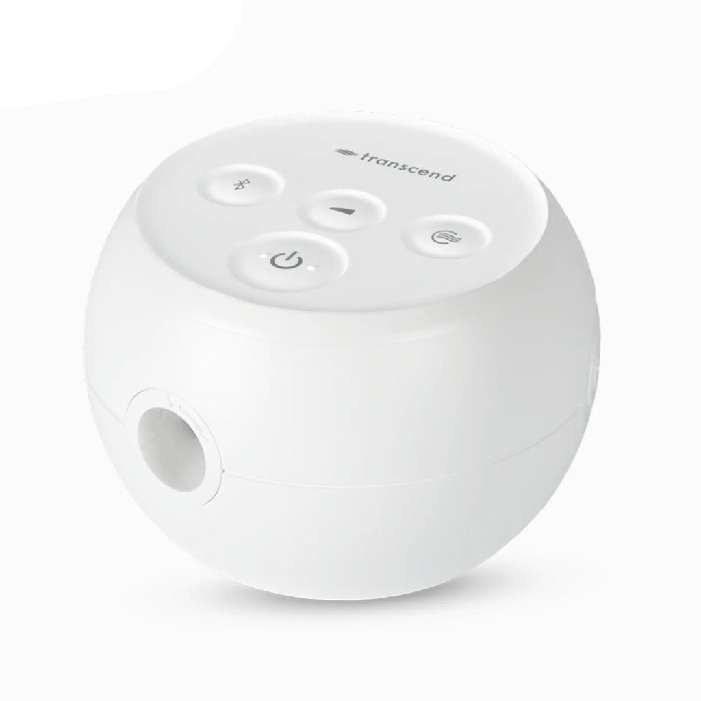 Transcend Micro 510 travel CPAP in birch white, side-angle view showing rounded form and hose connection port