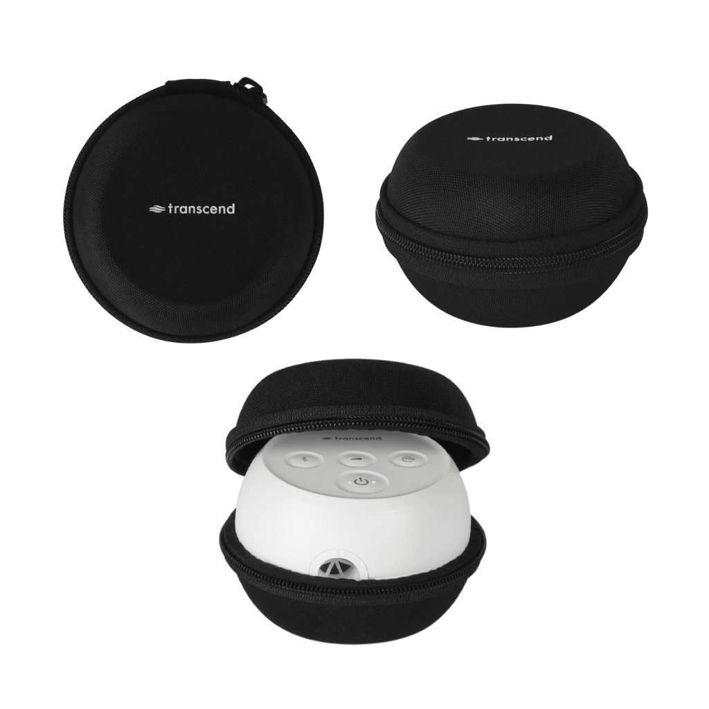 Transcend Micro 510 travel CPAP inside its round black hard-shell carrying case, with two closed views