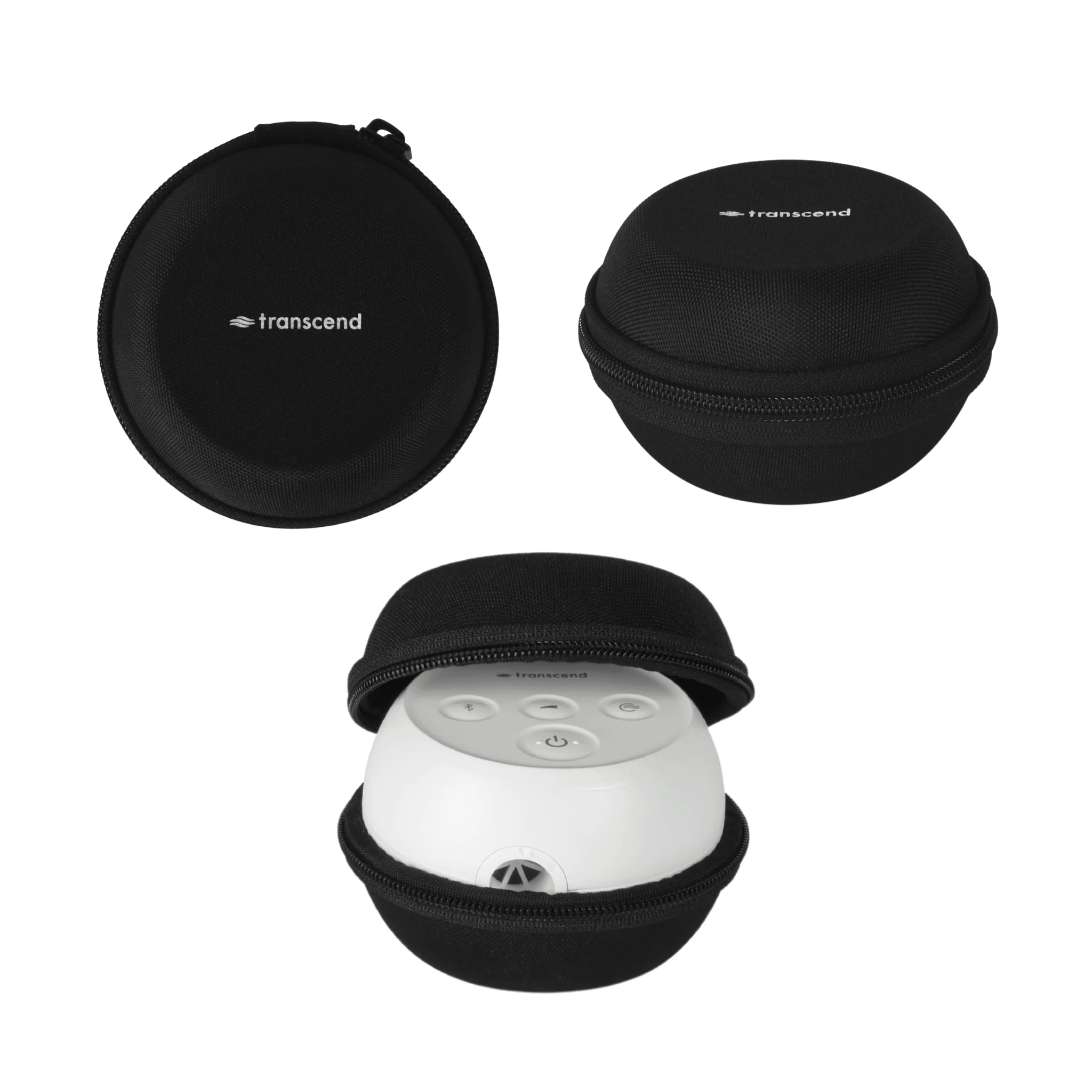 Transcend Micro 510 travel CPAP inside its round black hard-shell carrying case, with two closed views