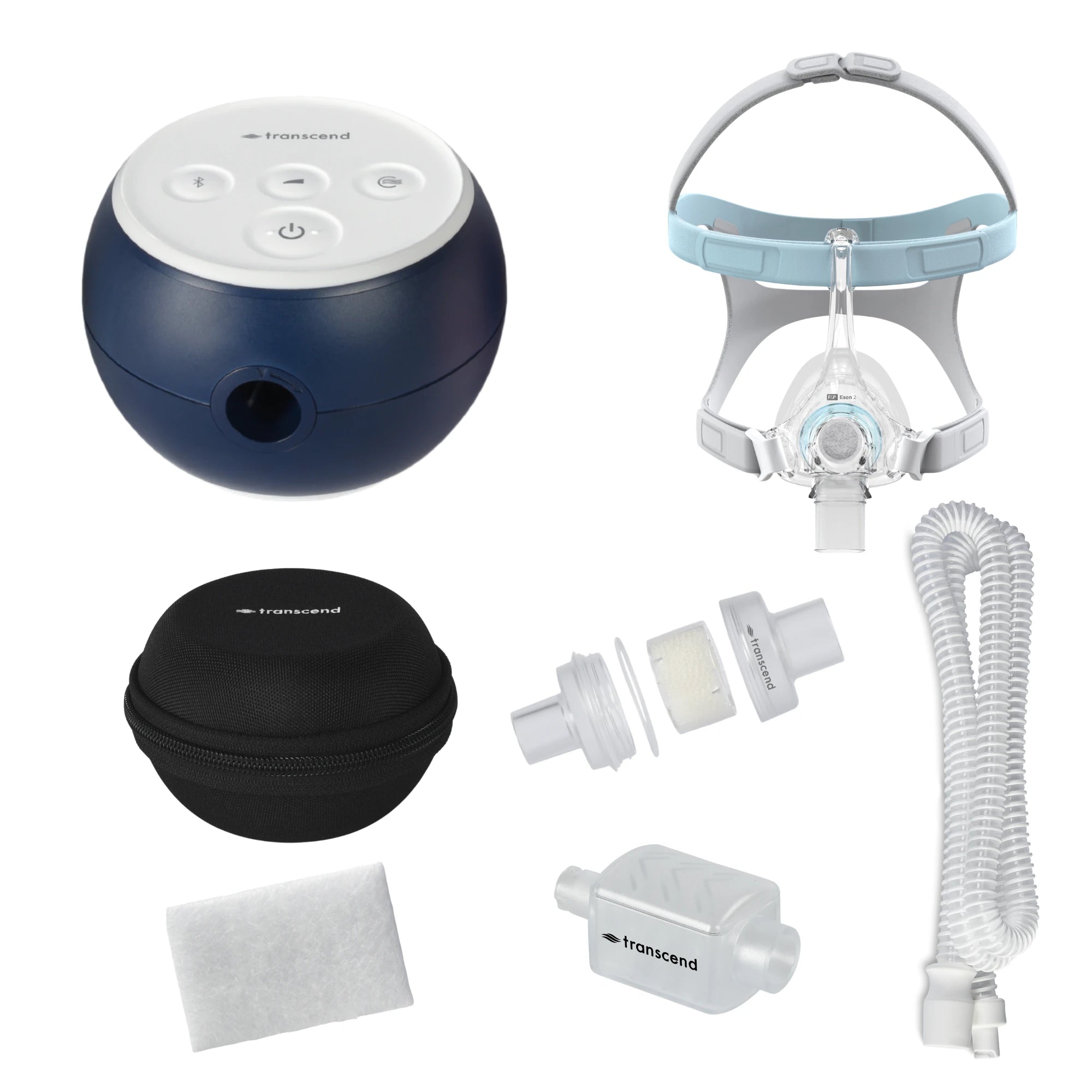 Transcend Micro 510 bundle with F&P Eson 2 nasal mask, black round Transcend travel case, white coiled CPAP hose, inline HME canister, white replacement filter, and hose connector pieces