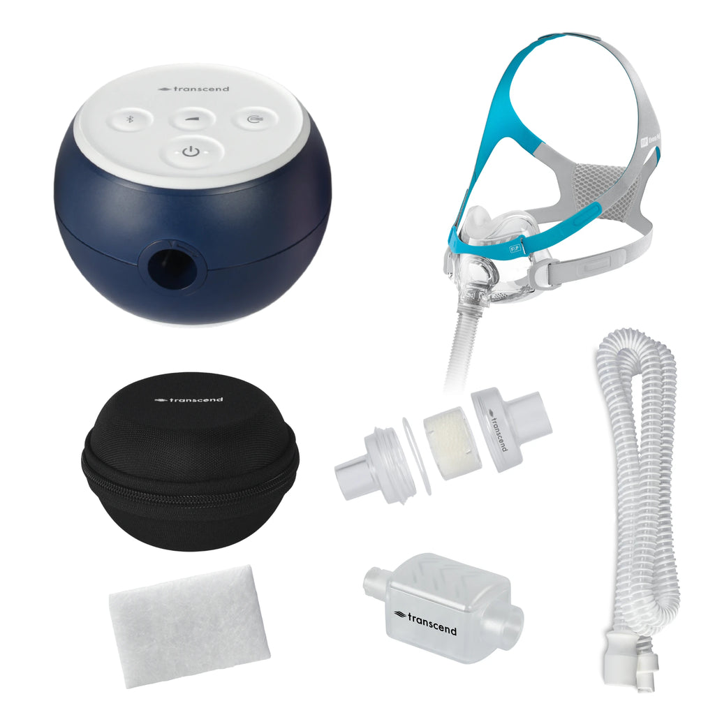 Transcend Micro 510 travel CPAP bundle with F&P Evora full face mask, black round Transcend travel case, slim coiled CPAP hose, inline HME canister, white filter, and connector adapters