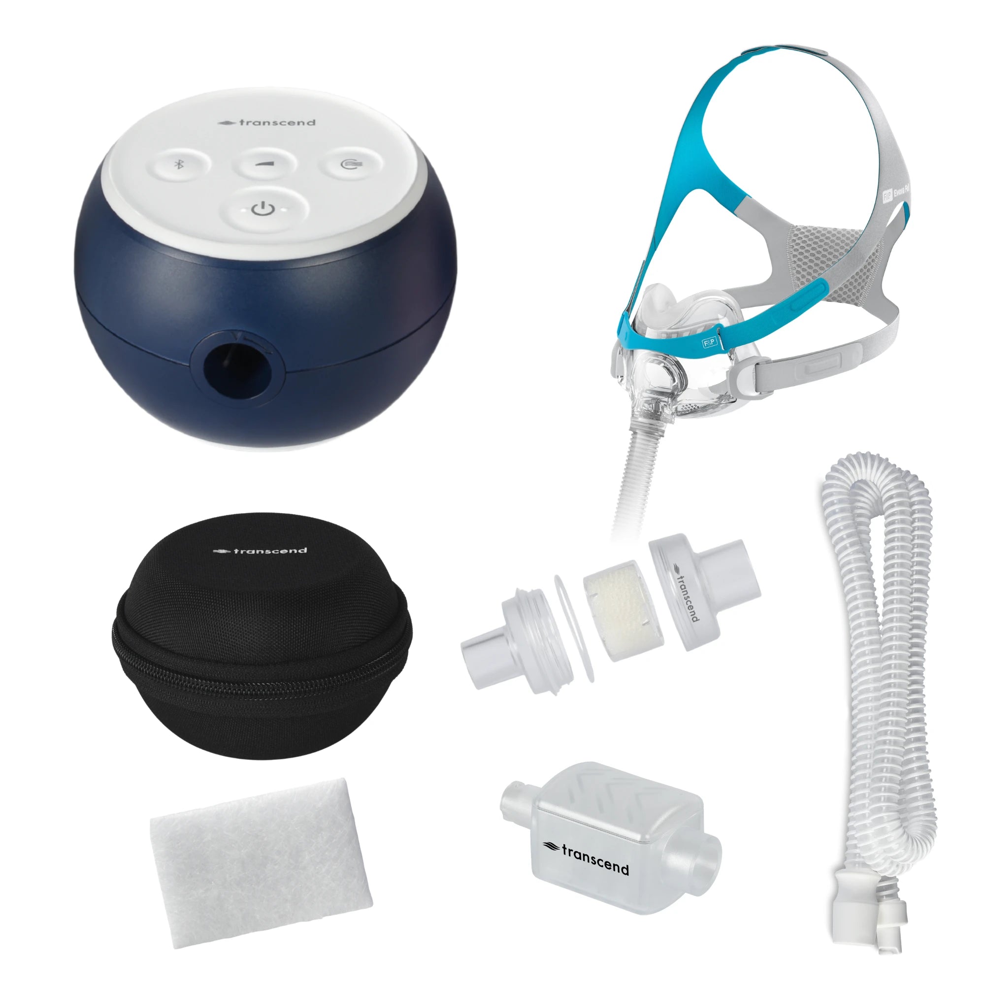 Transcend Micro 510 travel CPAP bundle with F&P Evora full face mask, black round Transcend travel case, slim coiled CPAP hose, inline HME canister, white filter, and connector adapters