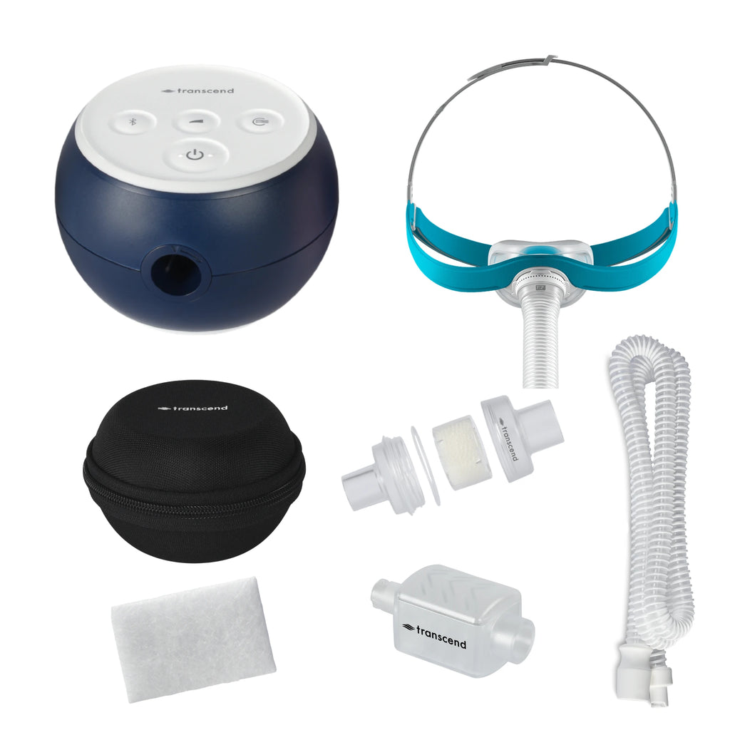 Transcend Micro 510 travel CPAP bundle with F&P Evora nasal mask, round black Transcend travel case, slim coiled CPAP hose, HME canister, disposable filter, and connector adapters