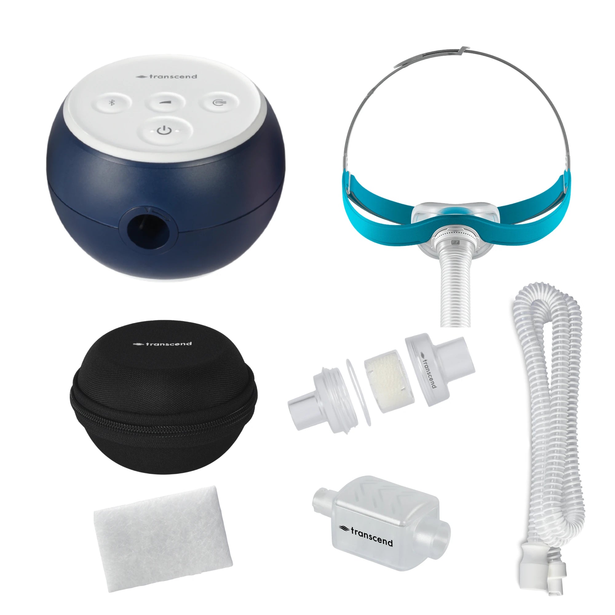 Transcend Micro 510 travel CPAP bundle with F&P Evora nasal mask, round black Transcend travel case, slim coiled CPAP hose, HME canister, disposable filter, and connector adapters