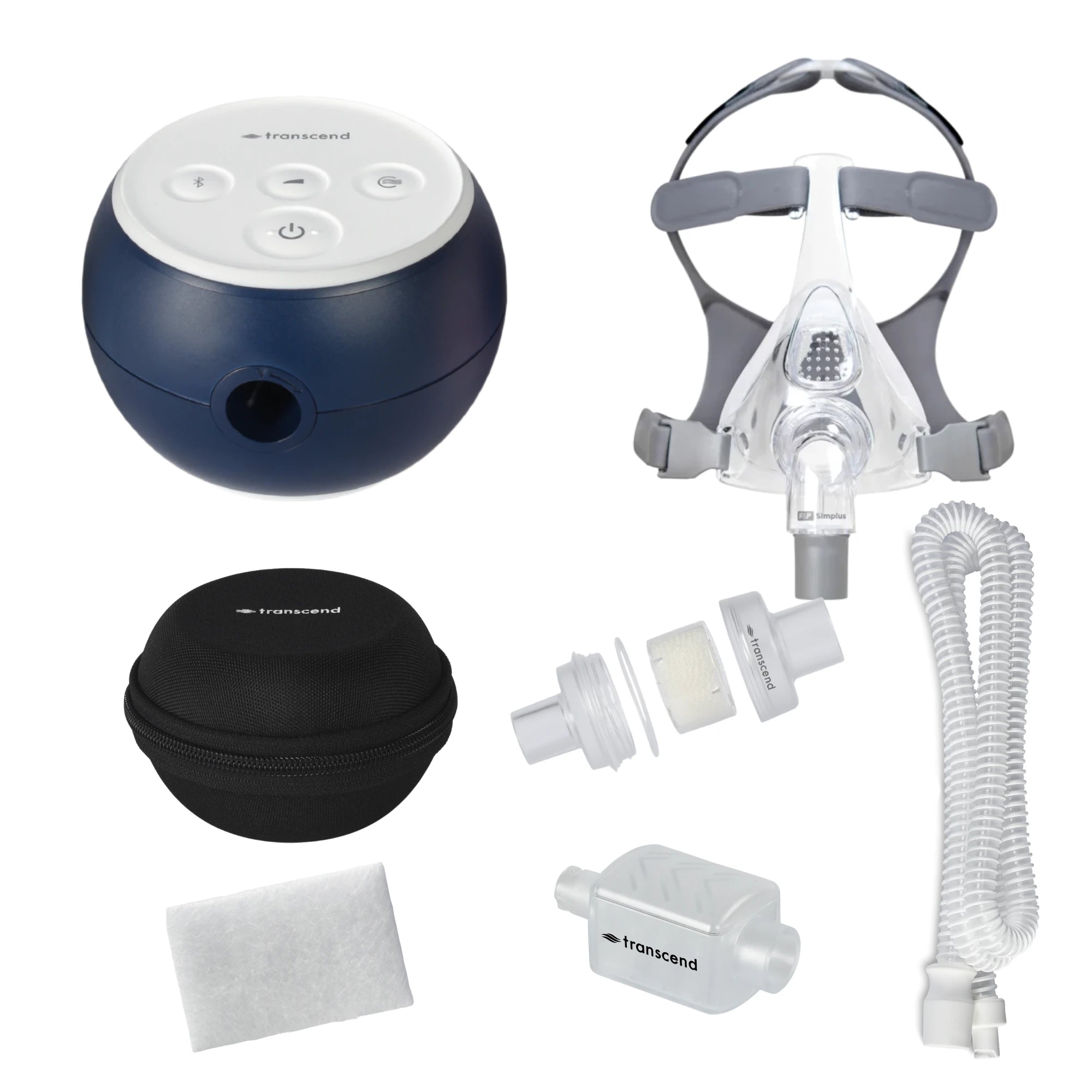 Transcend Micro 510 CPAP travel bundle with F&P Simplus full face mask, black hard-shell travel case, white coiled hose, inline HME canister, replacement filter pad, and hose connector adapters