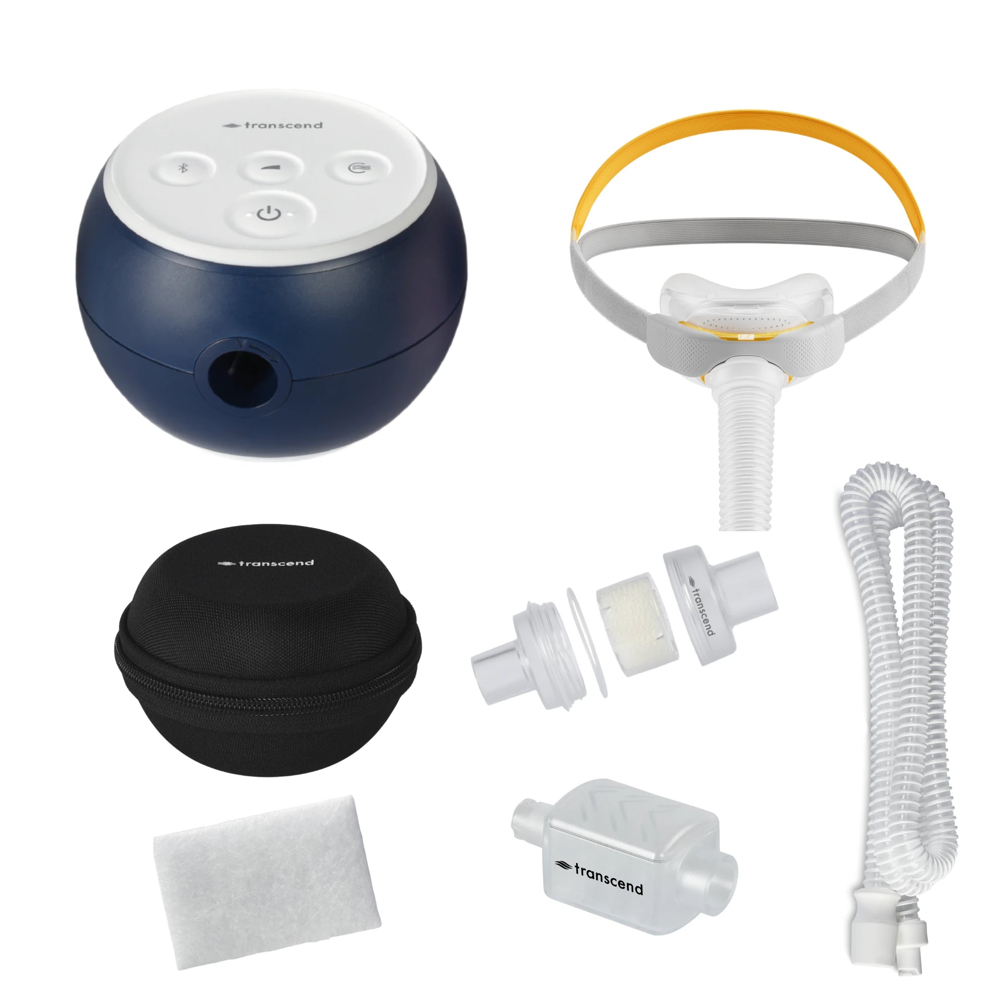 Transcend Micro 510 CPAP machine bundle with F&P Solo nasal mask, round black hard-shell Transcend travel case, white coiled hose, HME canister, disposable filter, and hose adapters