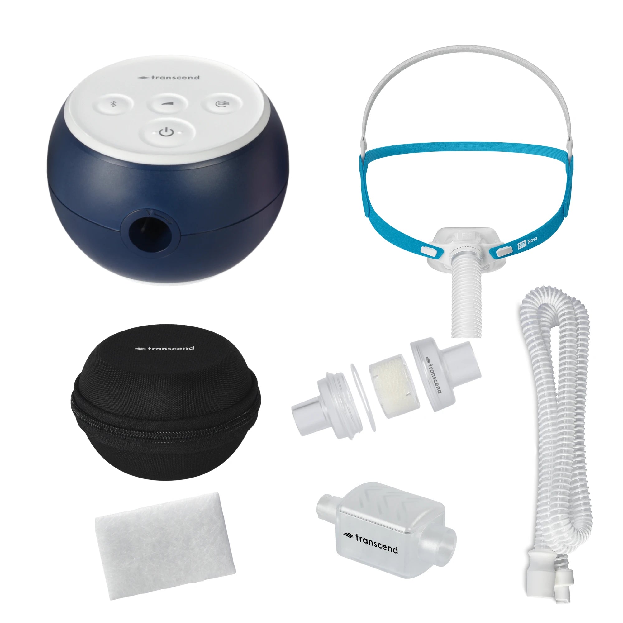 Transcend Micro 510 travel CPAP bundle with F&P Nova Micro nasal pillow mask, black round hard-shell travel case, slim coiled hose, inline HME canister, filter, and connector adapters