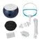 Transcend Micro 510 travel CPAP bundle with F&P Nova Micro nasal pillow mask, black round hard-shell travel case, slim coiled hose, inline HME canister, filter, and connector adapters