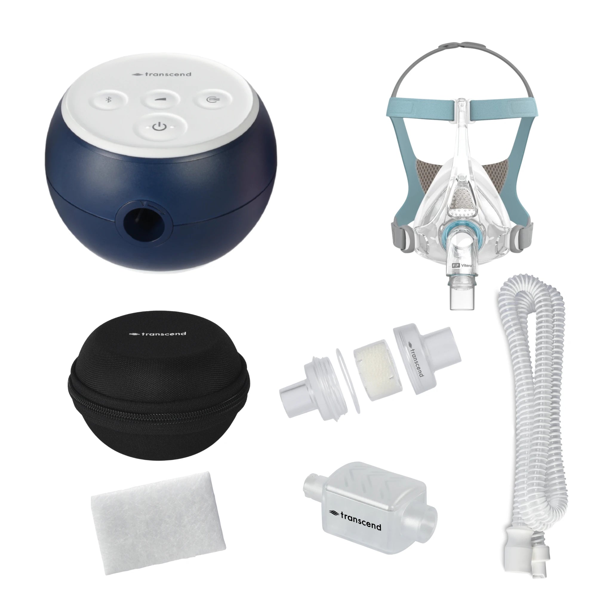 Transcend Micro 510 bundle with F&P Vitera full face mask, black Transcend travel case, white coiled CPAP hose, inline HME canister, replacement filter, and hose adapters