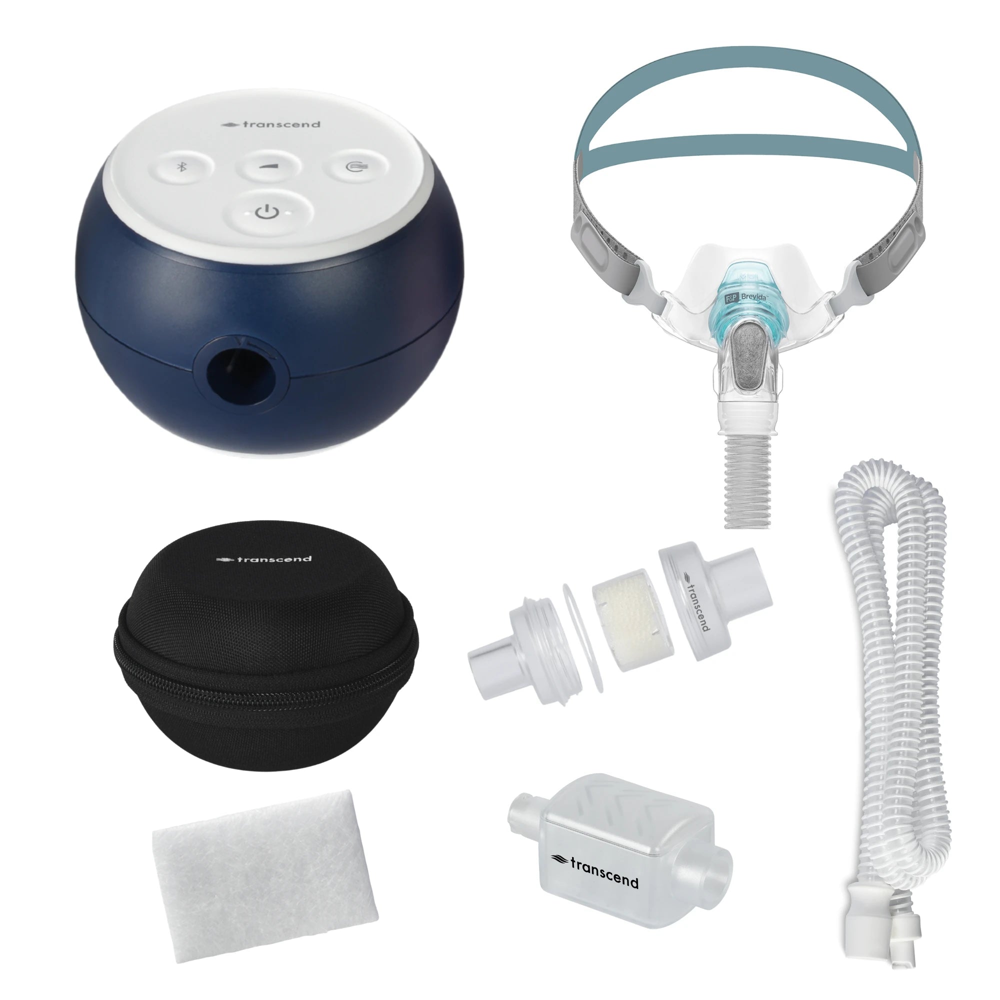 Transcend Micro 510 travel CPAP kit with F&P Brevida nasal pillow mask, zippered round travel case, slim coiled hose, inline HME canister, white disposable filter, and connector pieces