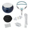 Transcend Micro 510 travel CPAP kit with F&P Brevida nasal pillow mask, zippered round travel case, slim coiled hose, inline HME canister, white disposable filter, and connector pieces