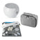 Transcend Micro travel CPAP machine beside gray travel case, tubing, filters, and plug adapters