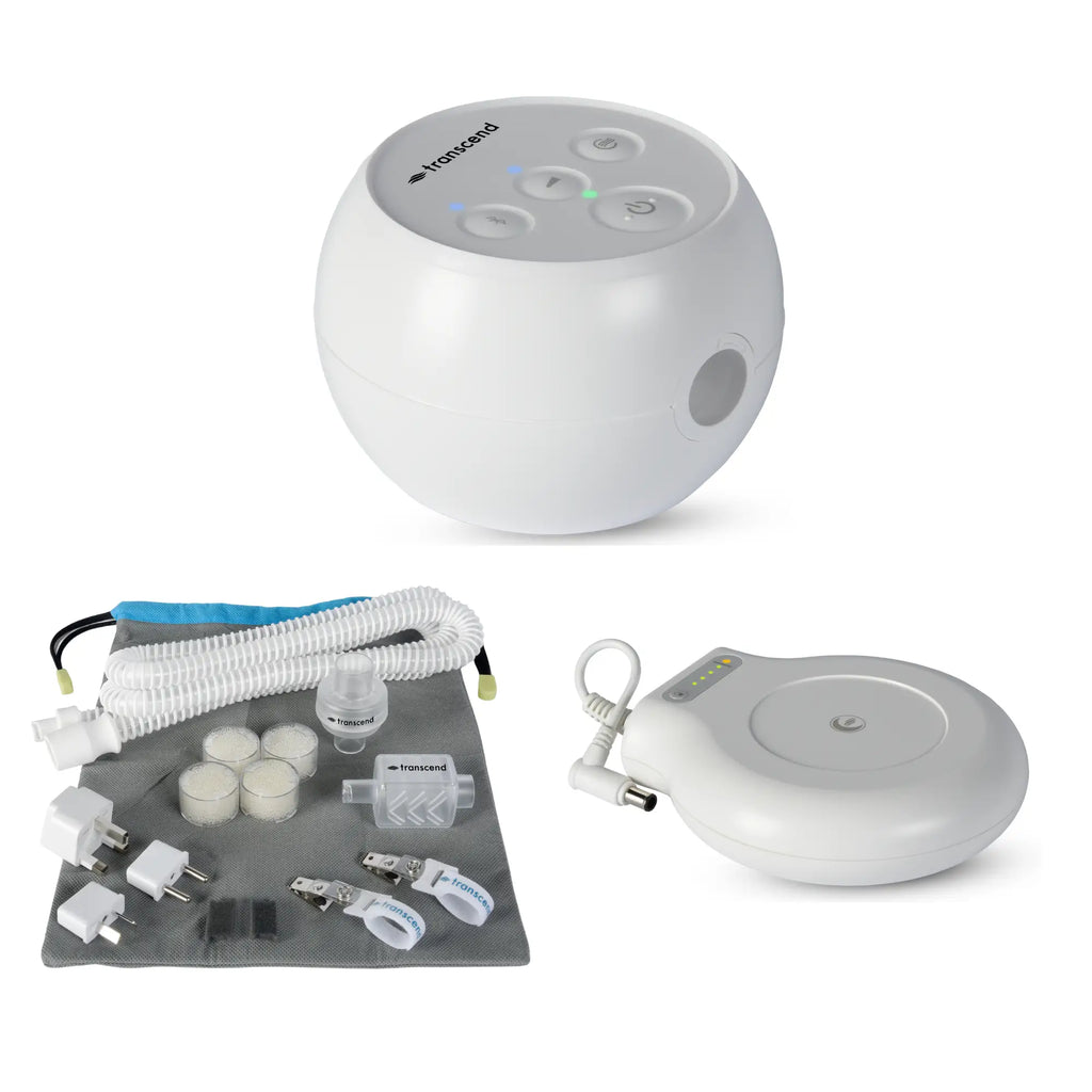 Transcend Micro travel CPAP machine shown with accessory kit and round backup battery