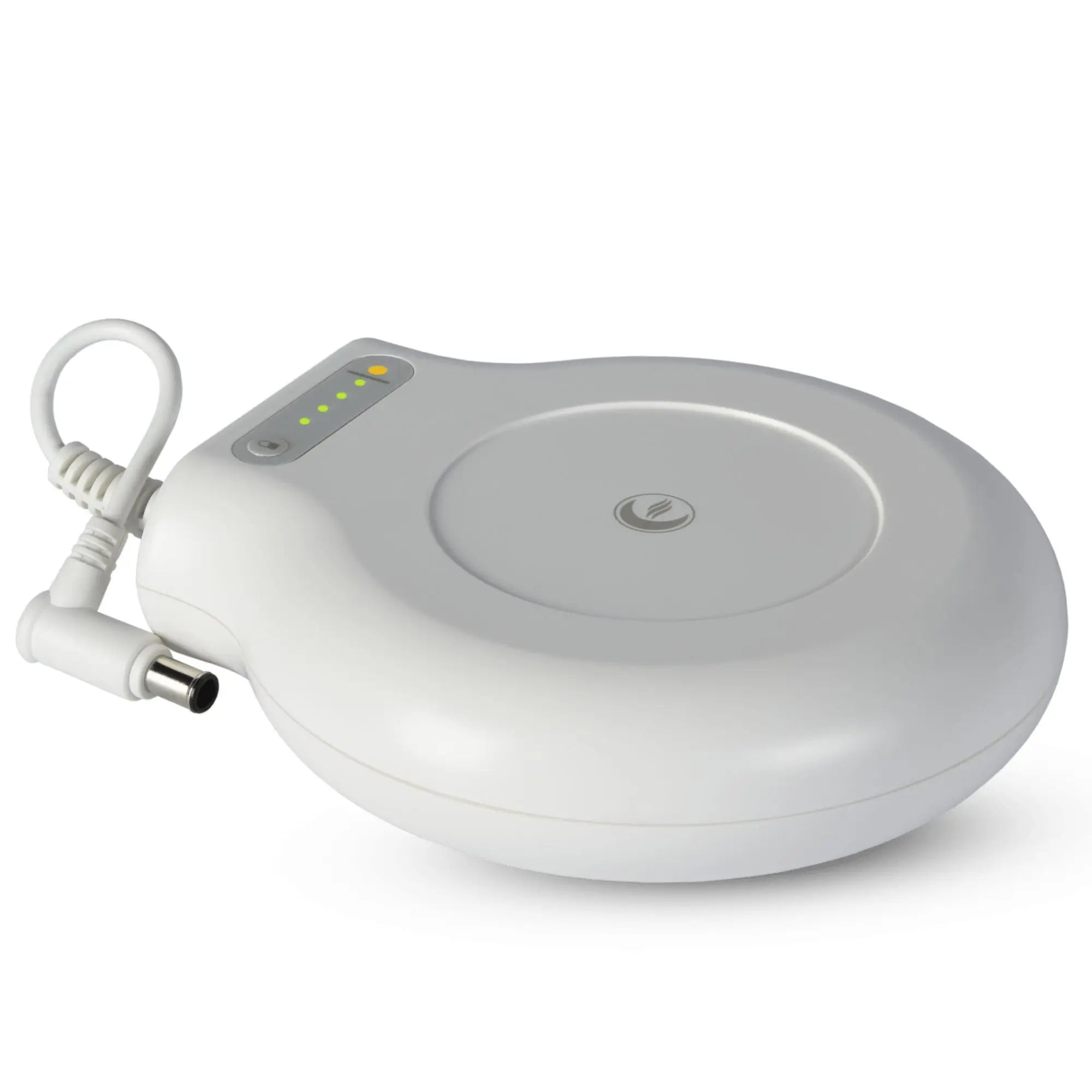 Round white Transcend CPAP battery with four charge indicator lights and angled DC power plug
