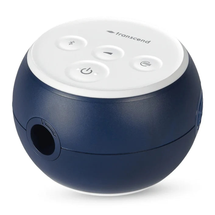 Transcend Micro 510 auto travel CPAP in midnight blue, three-quarter angle showing control panel and hose port