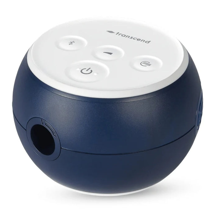 Transcend Micro 510 auto travel CPAP in midnight blue, three-quarter angle showing control panel and hose port