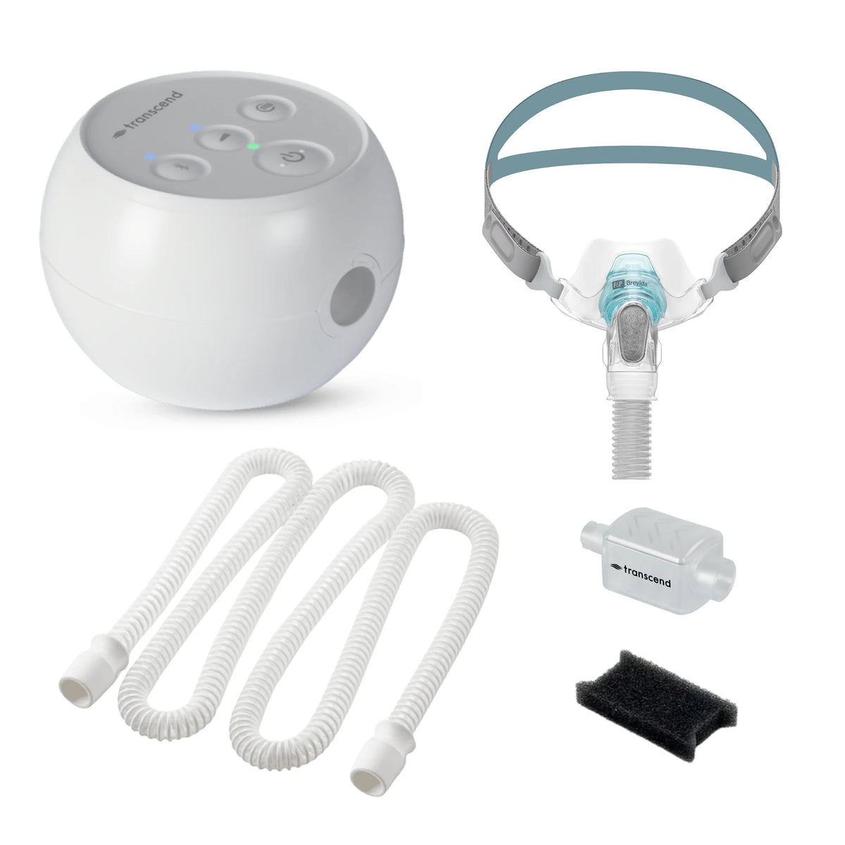 Transcend Micro travel CPAP with F&P Brevida nasal pillow mask, AirFlex hose, WhisperSoft muffler and PureFresh filter