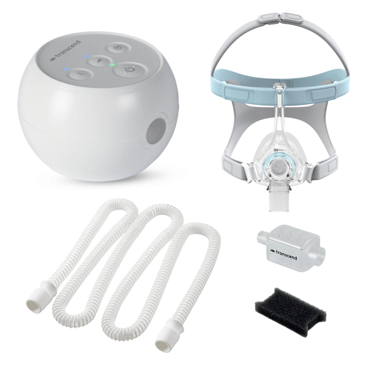 Transcend Micro travel CPAP with F&P Eson 2 nasal mask, AirFlex hose, WhisperSoft muffler and PureFresh filter