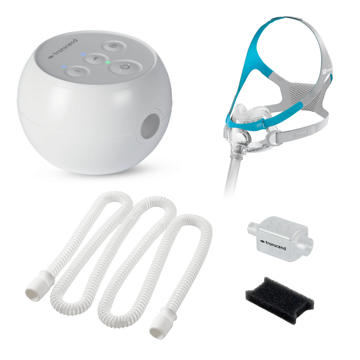 Original Transcend Micro travel CPAP with F&P Evora full face mask, AirFlex hose, WhisperSoft muffler, PureFresh filter