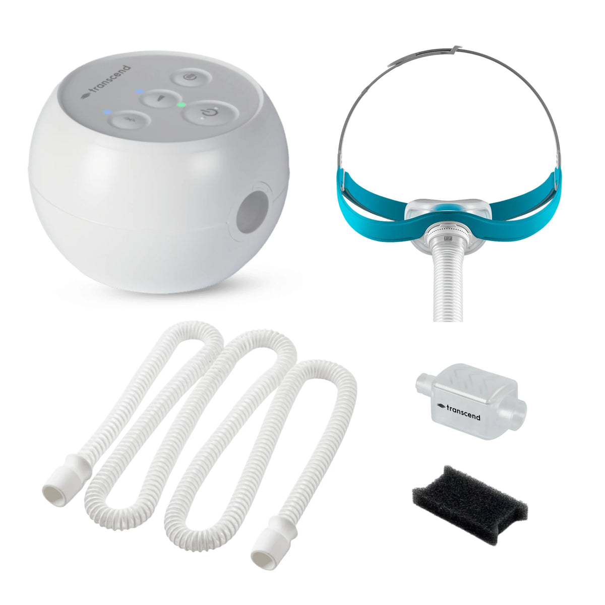 Transcend Micro travel CPAP with F&P Evora nasal mask, AirFlex hose, WhisperSoft muffler and PureFresh filter