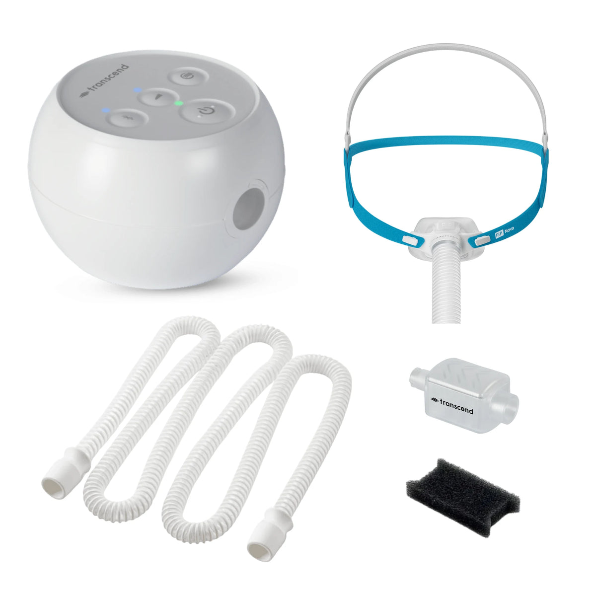 Original Transcend Micro travel CPAP, F&P Nova Micro nasal pillow mask, AirFlex hose, WhisperSoft muffler, PureFresh filter