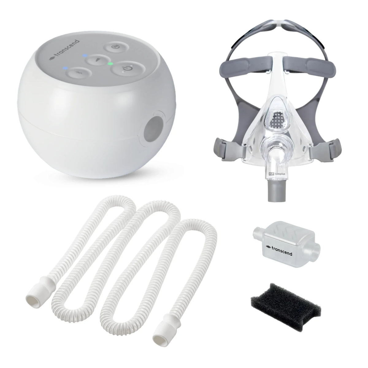 Original Transcend Micro travel CPAP with F&P Simplus full face mask, AirFlex hose, WhisperSoft muffler, PureFresh filter