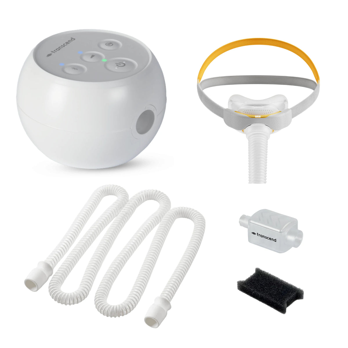 Original Transcend Micro travel CPAP with F&P Solo nasal mask, AirFlex hose, WhisperSoft muffler and PureFresh filter