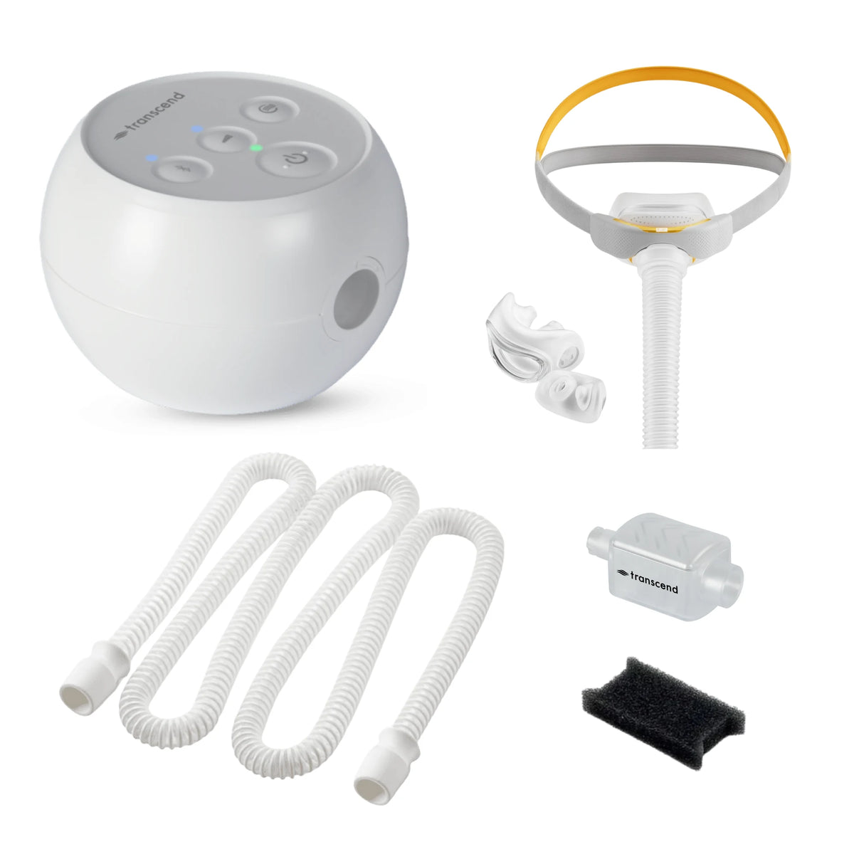 Transcend Micro travel CPAP with F&P Solo Pillows mask, AirFlex hose, WhisperSoft muffler and PureFresh filter