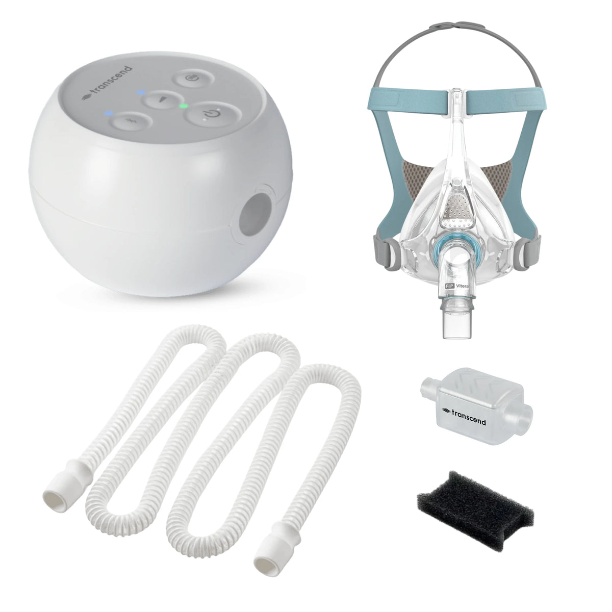 Original Transcend Micro travel CPAP with F&P Vitera full face mask, AirFlex hose, WhisperSoft muffler, PureFresh filter