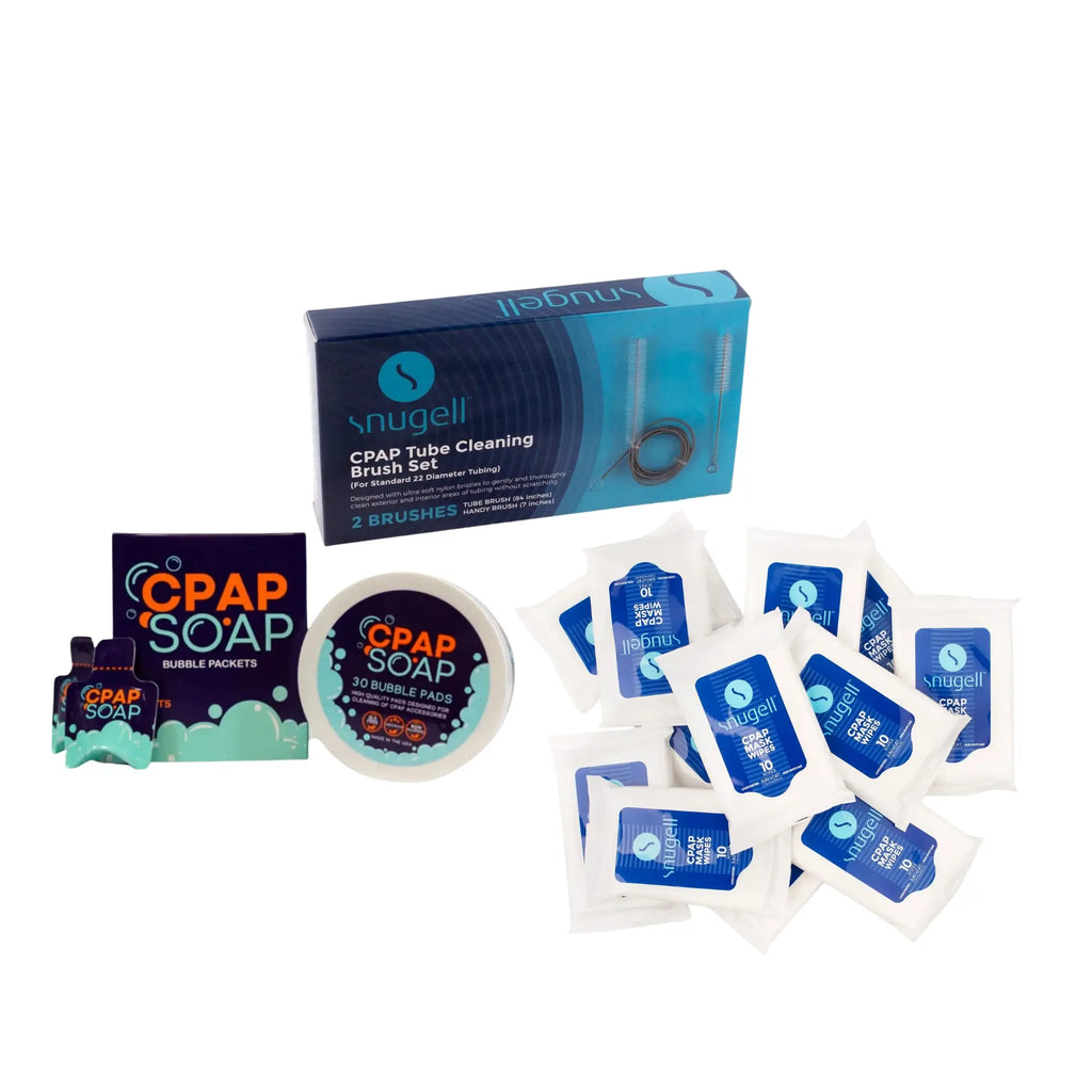 Travel CPAP cleaning bundle: Snugell tube brush set, CPAP soap bubble pads, and mask wipe packets