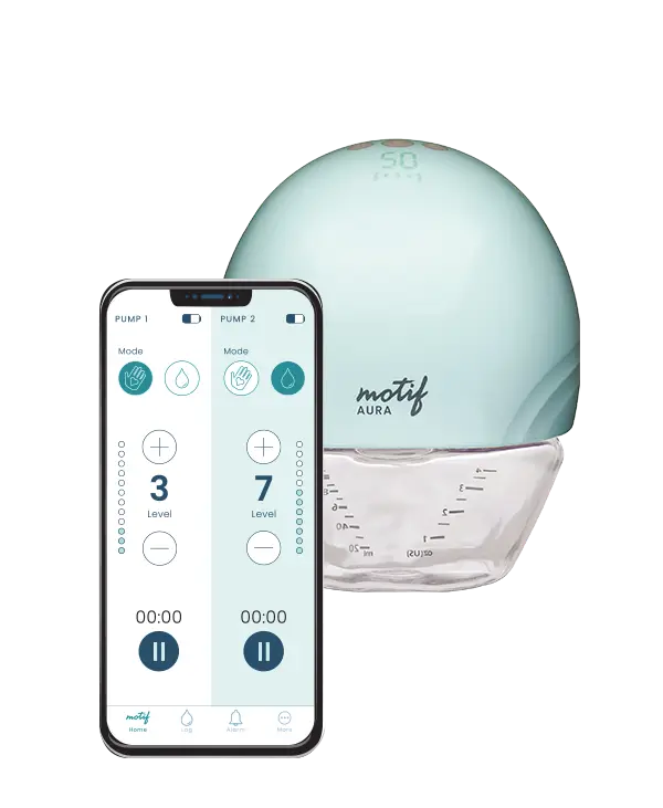 Illustration of the Motif Aura breast pump connected to its mobile app, highlighting the ease of tracking and scheduling pumping sessions.