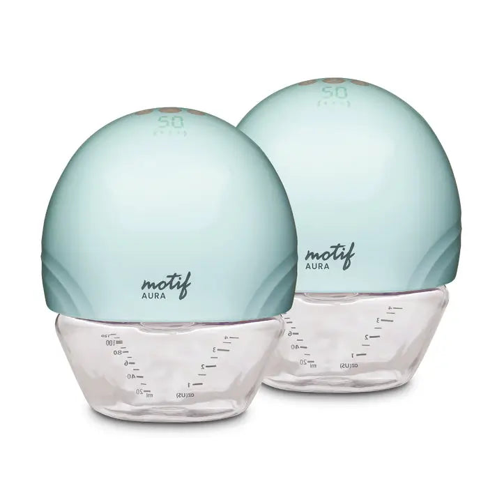 Motif Aura wearable breast pump, discreetly fitting inside a bra for hands-free operation, perfect for multitasking mothers.