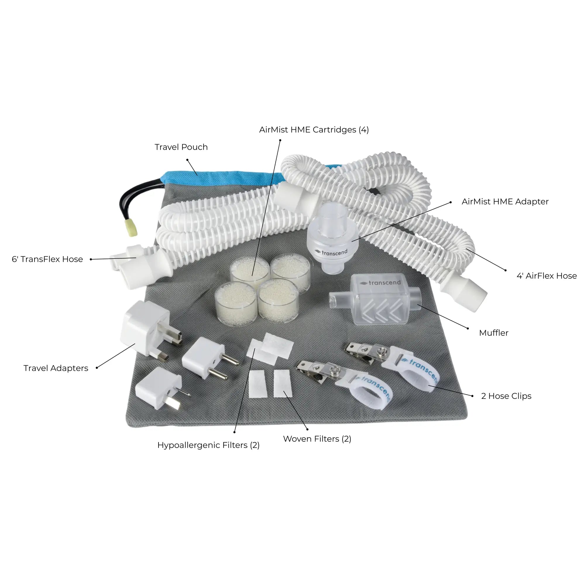 tubing, hose, muffler, filter, adapter, travel bag for transcend micro cpap machine