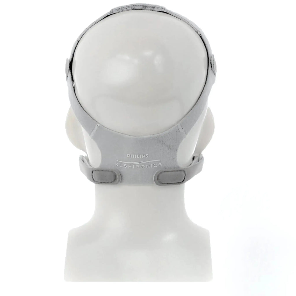 Back view of Wisp reduced size headgear on mannequin showing Philips Respironics logo