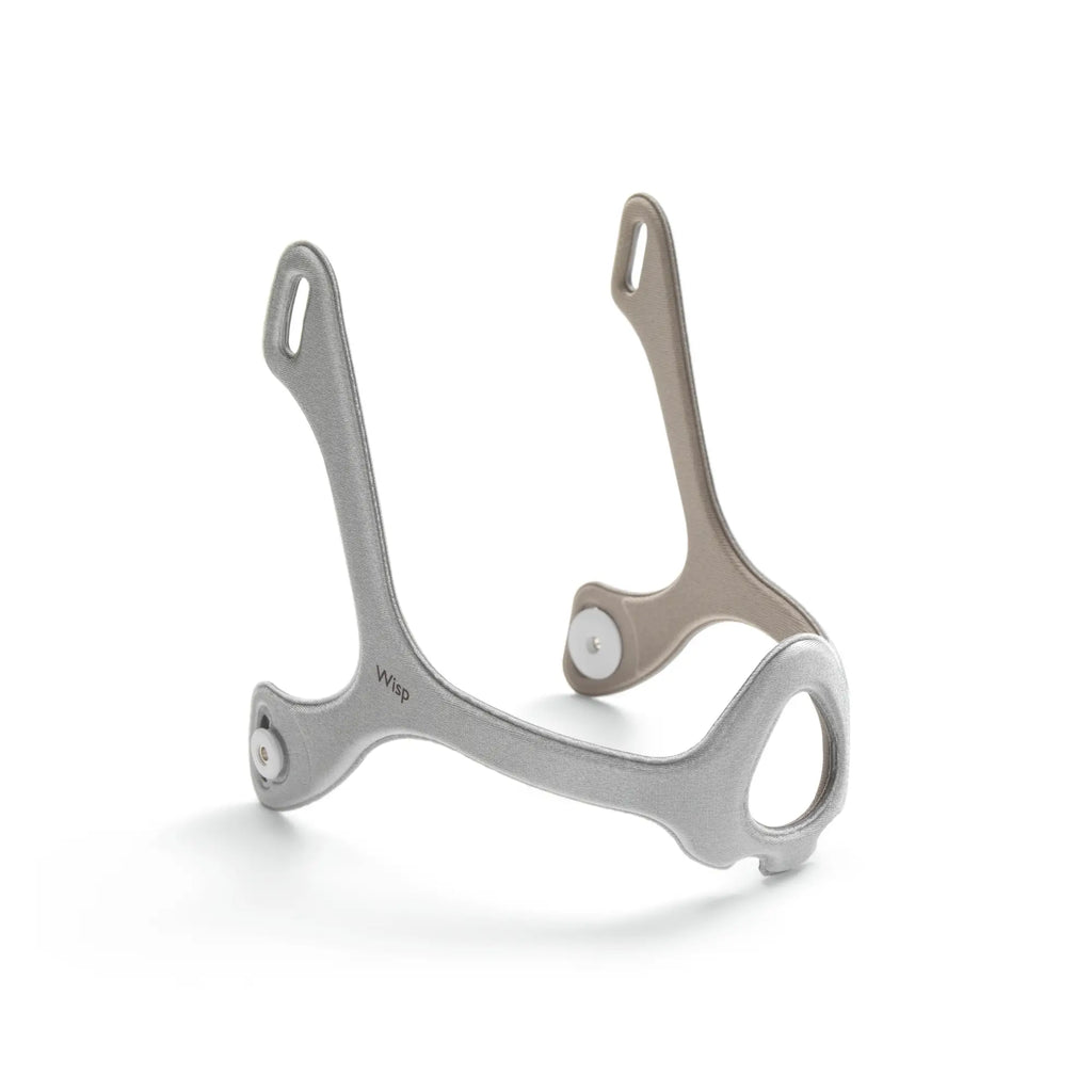 Two Wisp nasal mask fabric frame replacements in gray and tan colors with Wisp logo