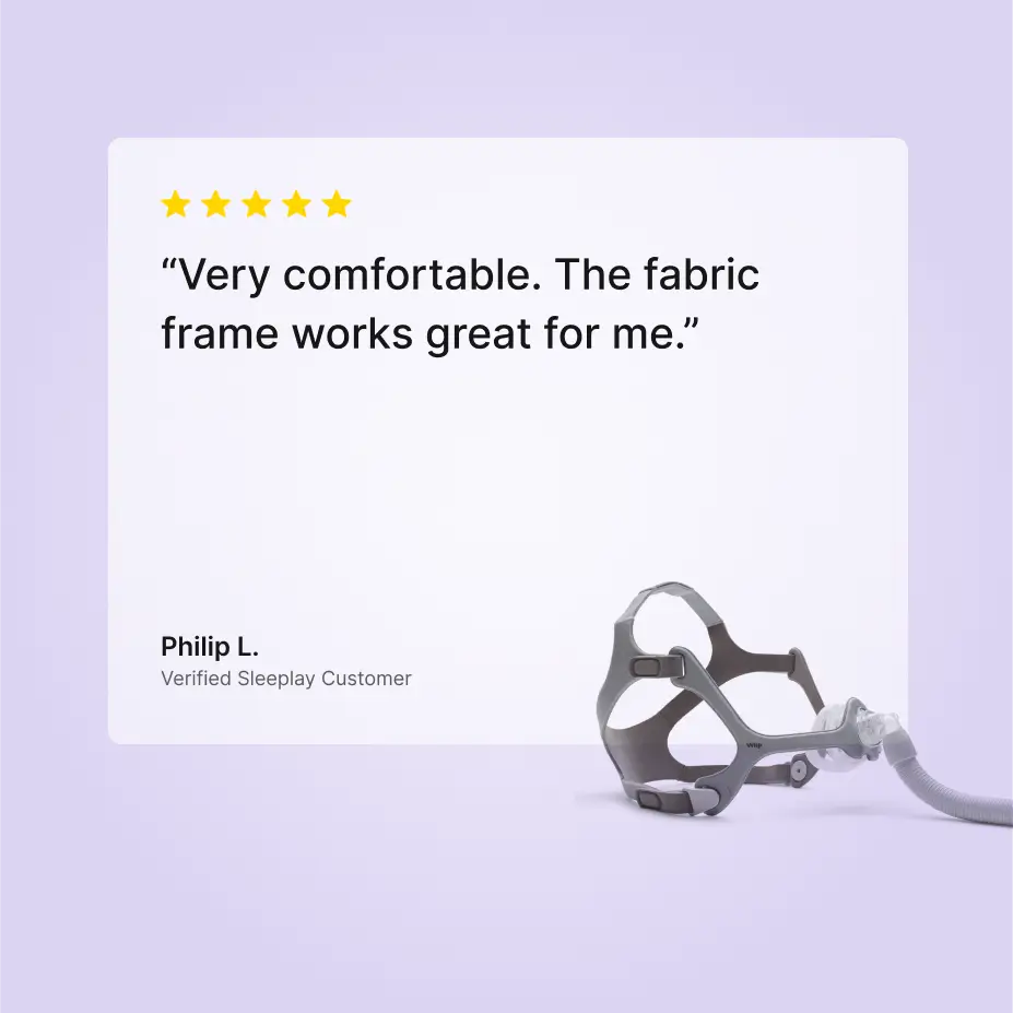Five star customer review praising the Wisp nasal CPAP mask fabric frame, mask shown at corner