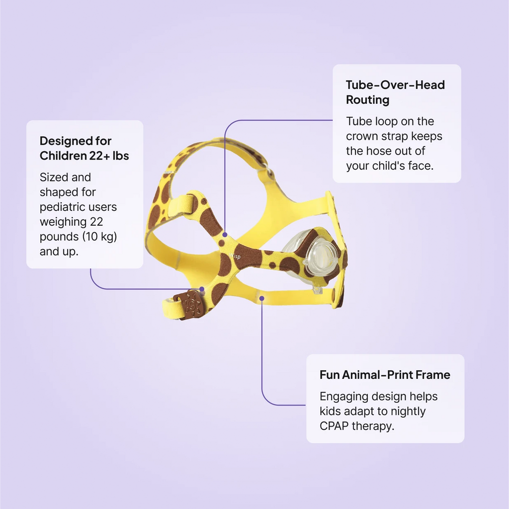Wisp Pediatric CPAP mask features: designed for children 22+ lbs, tube-over-head routing, and fun giraffe-print frame for first-time pediatric CPAP users