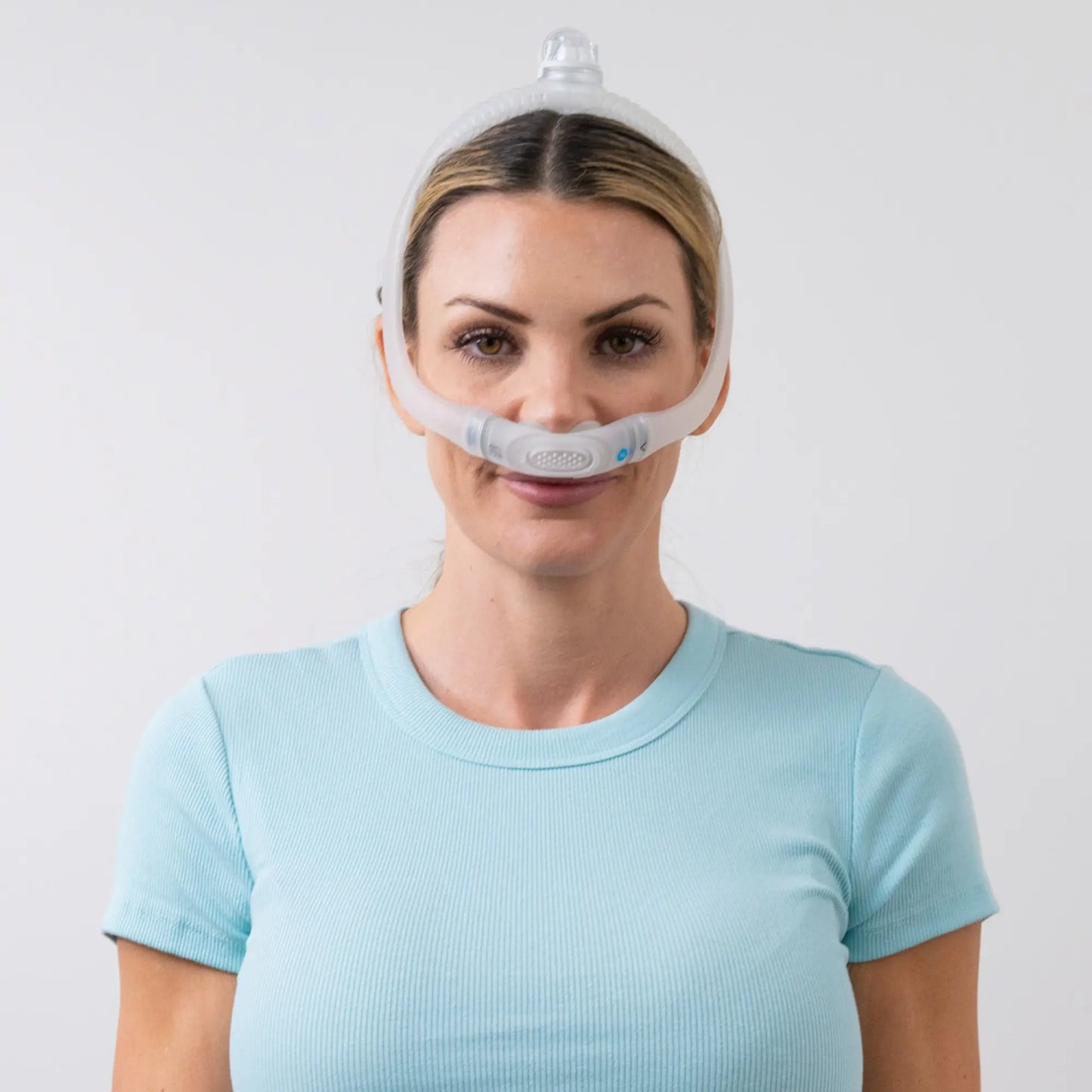 woman wearing the ResMed AirFit P30i Nasal Pillow Mask front