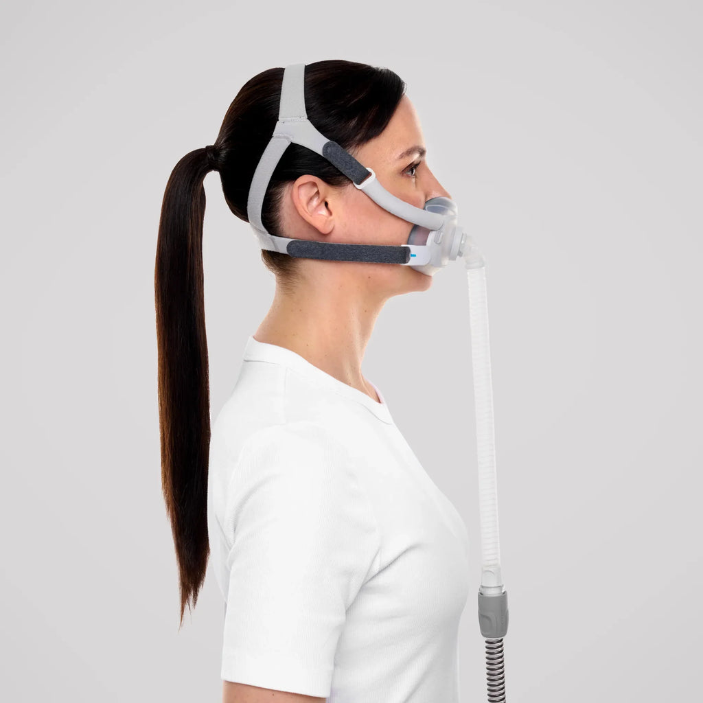 Woman wearing the ResMed AirTouch F40 full face mask, side profile view