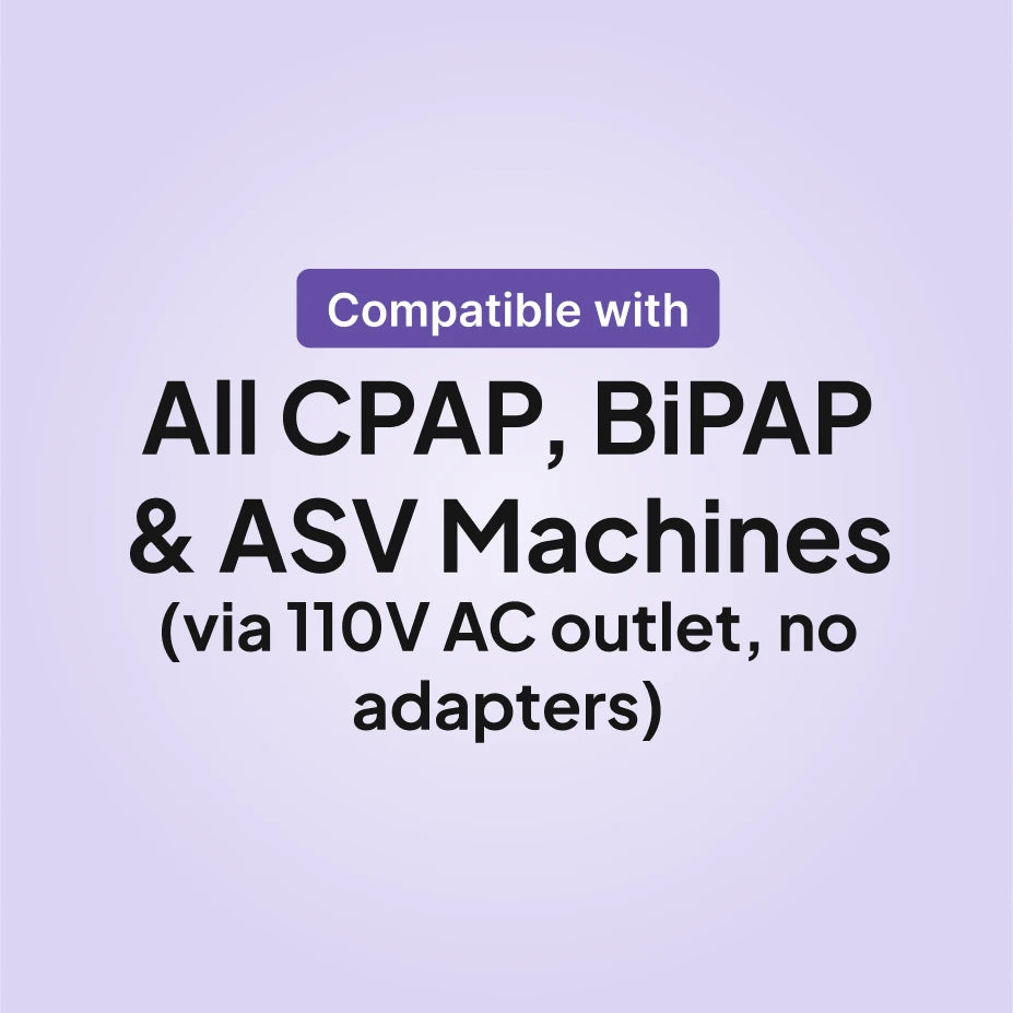 Zopec Explore 5500 compatible with all CPAP, BiPAP, and ASV machines via a 110V AC outlet, no adapters.