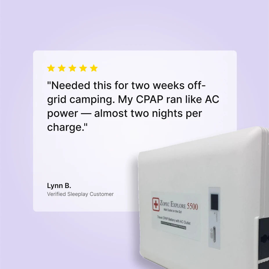 Five-star Sleeplay customer review of the Zopec Explore 5500 CPAP backup battery.