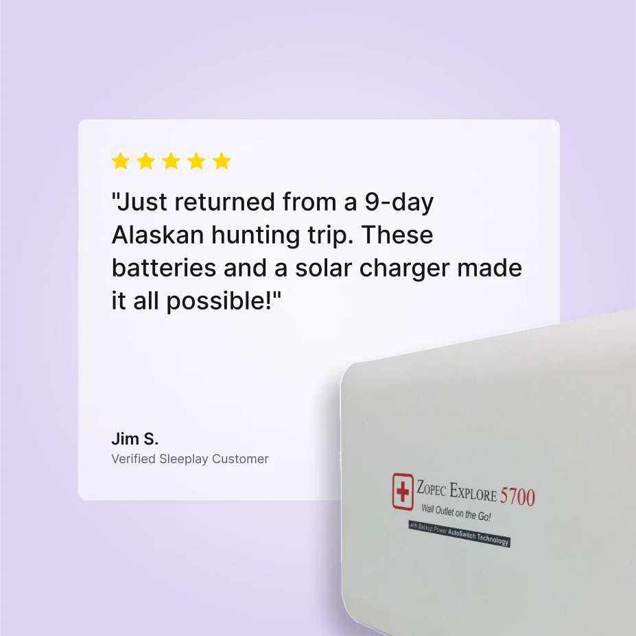 Five-star Sleeplay customer review of the Zopec Explore 5700 travel CPAP battery.