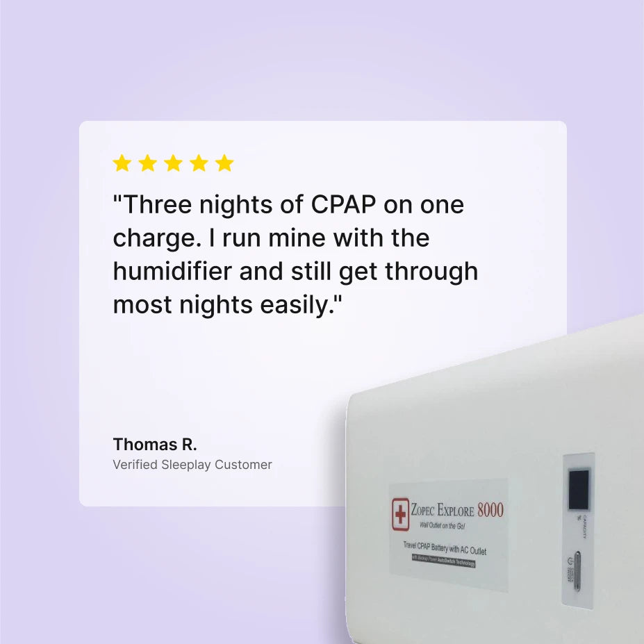 Five-star Sleeplay customer review of the Zopec Explore 8000 universal CPAP battery.
