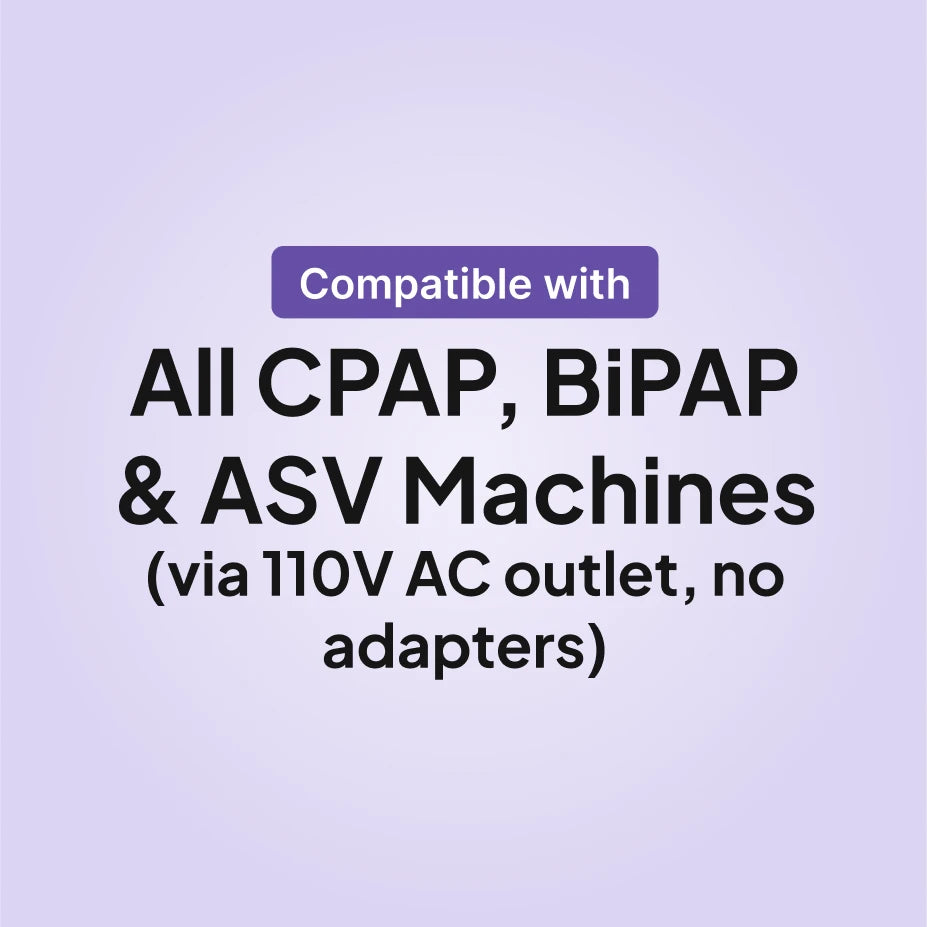 Zopec Explore Oxygen compatible with all CPAP, BiPAP, and ASV machines via a 110V AC outlet, no adapters.