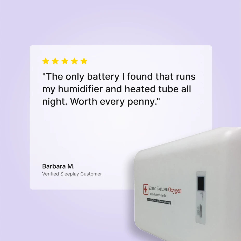 Five-star Sleeplay customer review of the Zopec Explore Oxygen CPAP backup battery.
