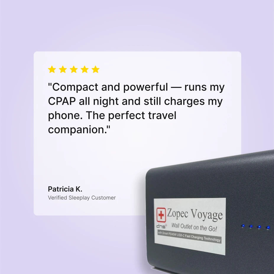 Five-star Sleeplay customer review of the Zopec Voyage universal CPAP battery.