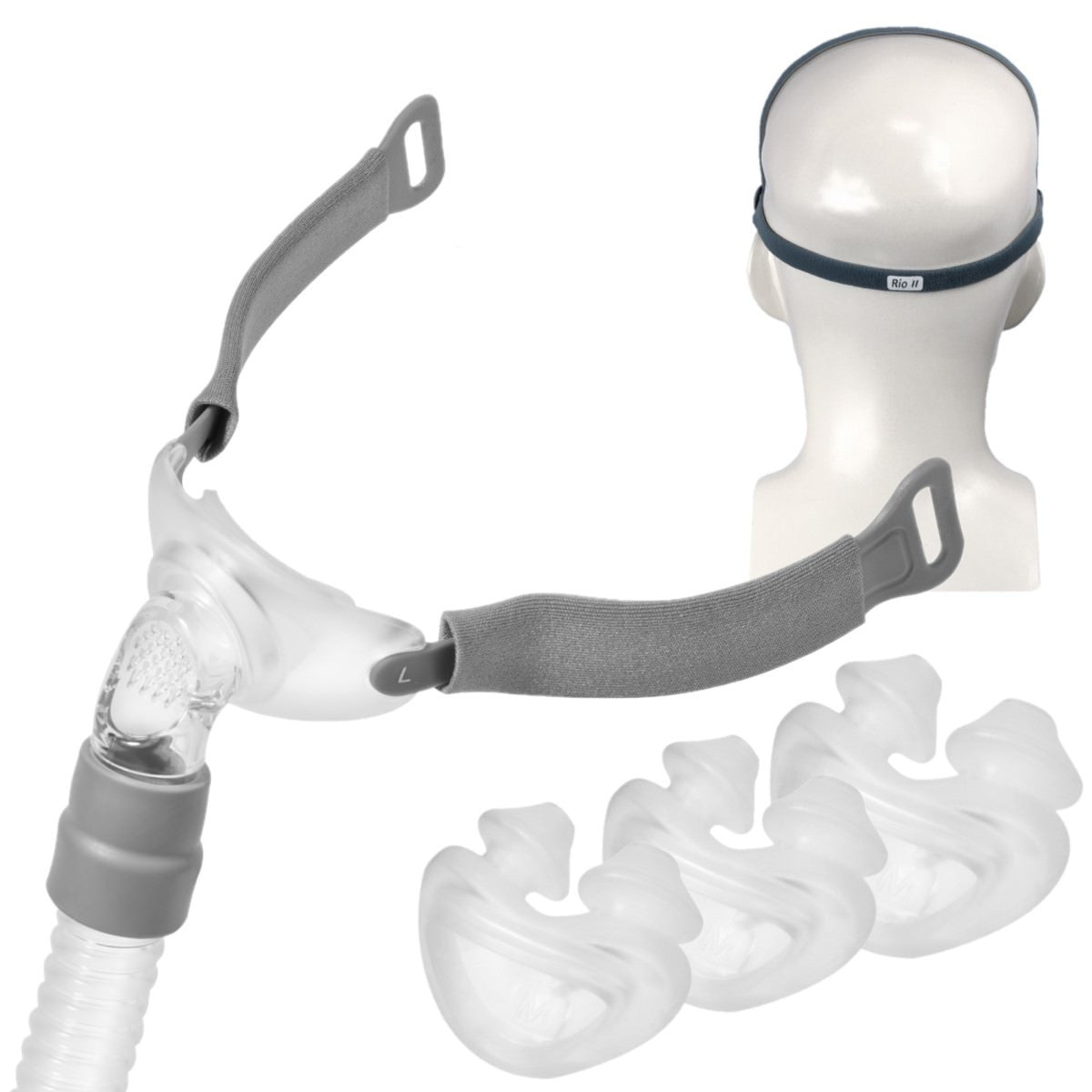 Parts of Rio 2 Nasal CPAP Mask Fit Pack with three pillow silicone cushion sizes.