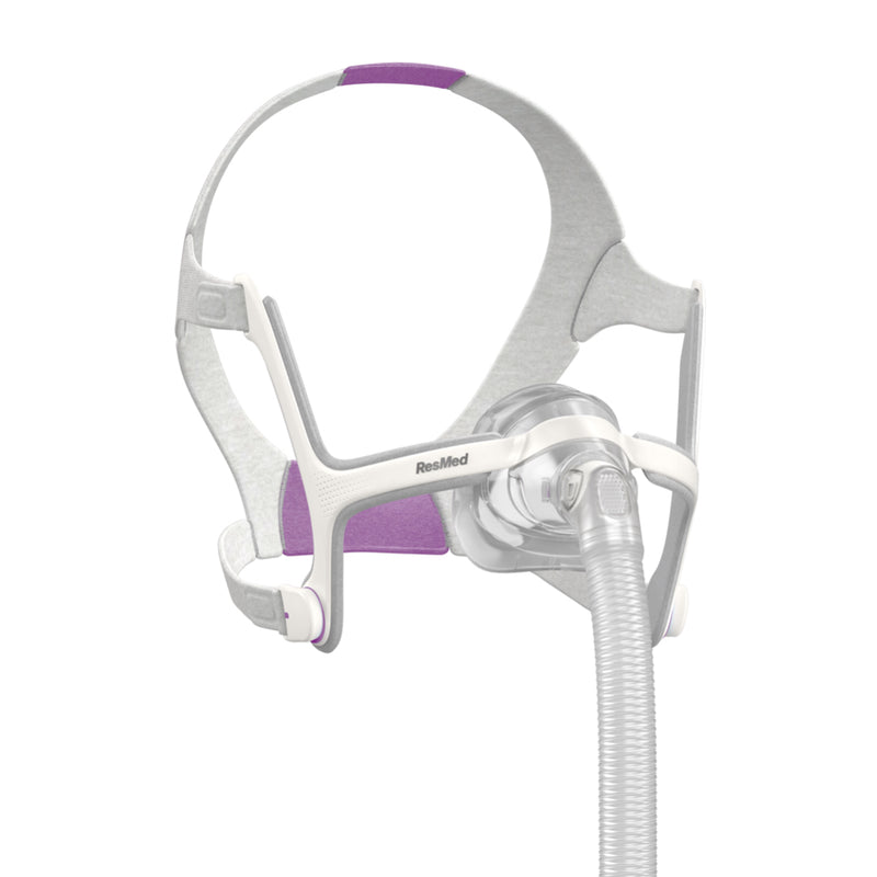 Isometric view of ResMed Air Touch N20 Nasal Mask For Her with grey and lavender part color on headgear.